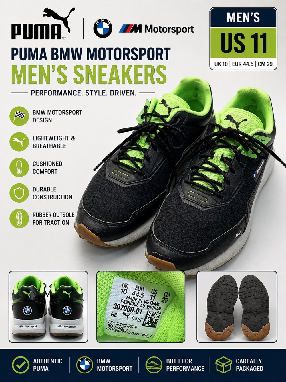 PUMA BMW M Motorsport Men’s Sneakers Size 11 Black Neon Green 307000-01
